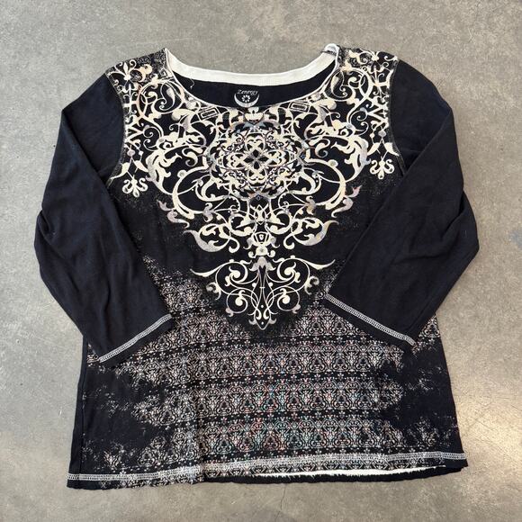 Vintage Y2K Abstract Mcbling Blouse Grunge Black White Mid Sleeve Graphic Tee M - Picture 1 of 4